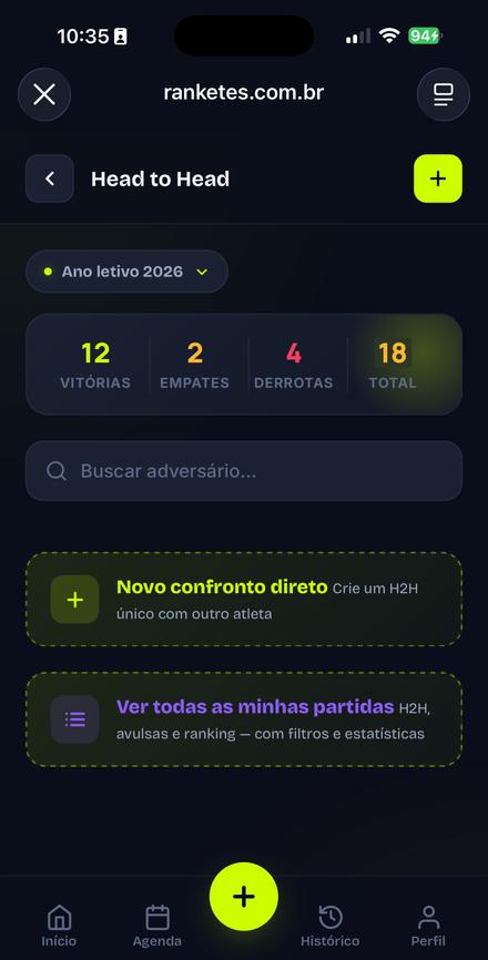 Tela do app com o histórico de confrontos do atleta